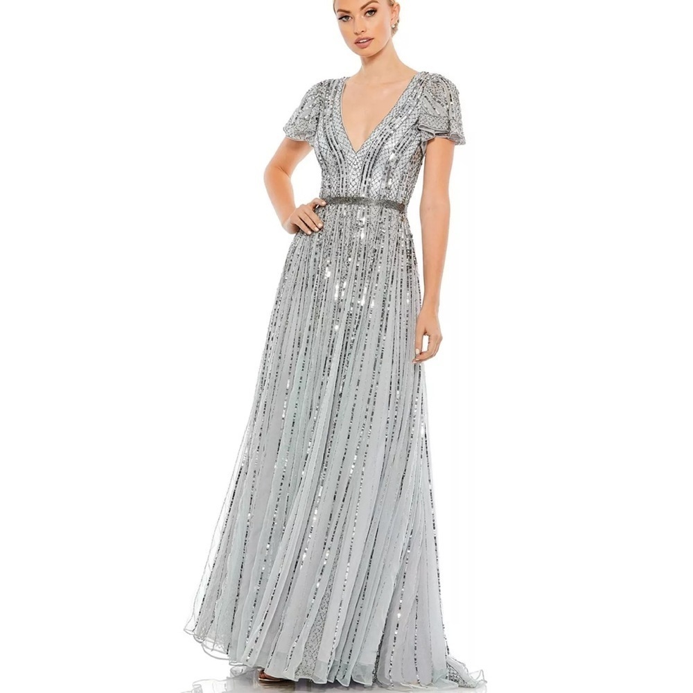 Mac Duggal Silver Sequin V-Neck Evening Gown